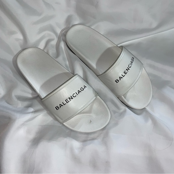 BAKENCIAGA size 45 white leather & rubber POOL SLIDE sandal flip flops - Picture 4 of 10